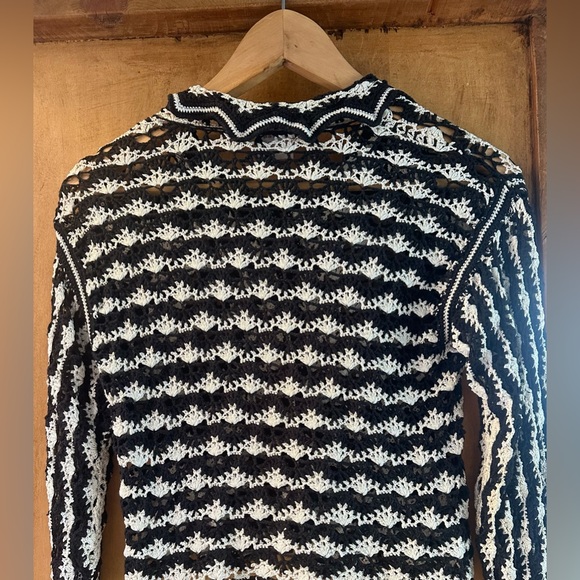 Crochet Couture Sweater/Top. 3/4-Length Sleeve. Button Front. Striped Silk Knit - Picture 3 of 10